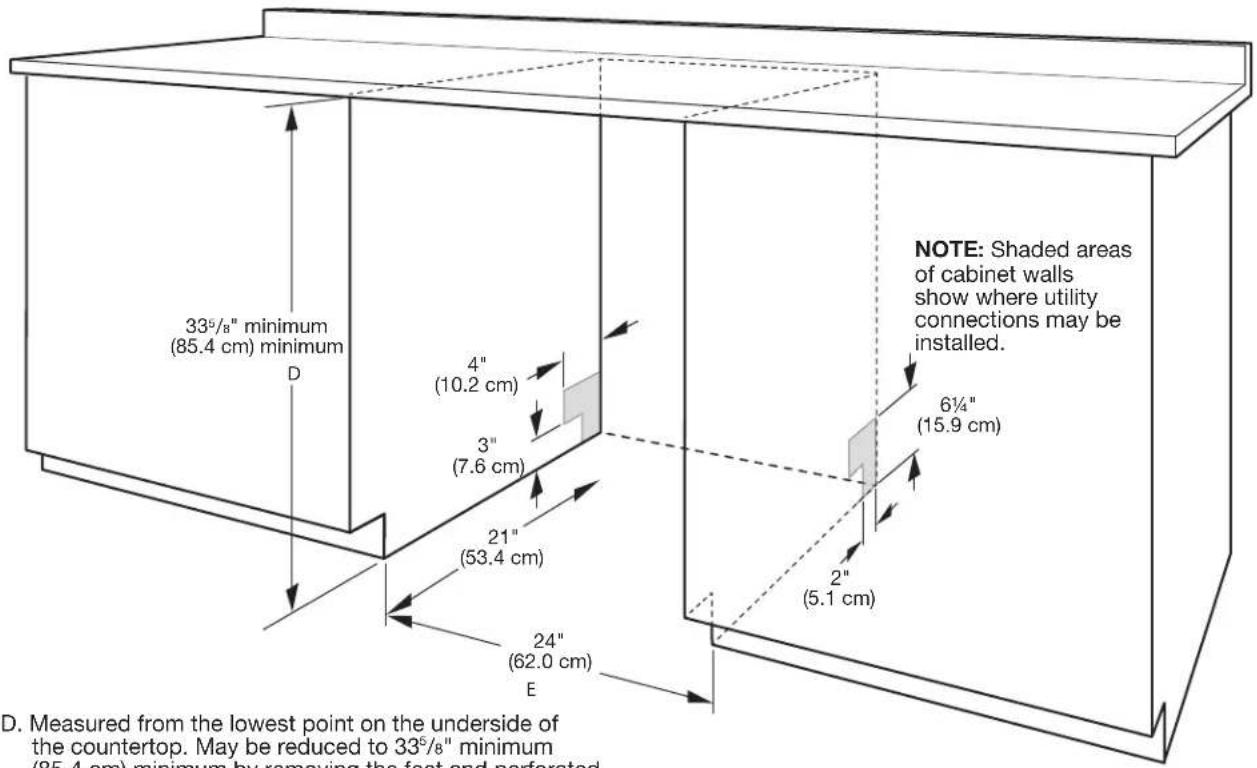 NOTE: Shaded areas of cabinet walls show where utility connections may be installed. 335/8" minimum (85.4 cm) minimum D 4" (10.2 cm) 3" (7.6 cm) 21" (53.4 cm) 24" (62.0 cm) E 6¼" (15.9 cm) 2" (5.1 cm) D. Measured from the lowest point on the underside of the countertop. May be reduced to 335/8" minimum (85.4 cm) minimum by removing the feet and perforated.