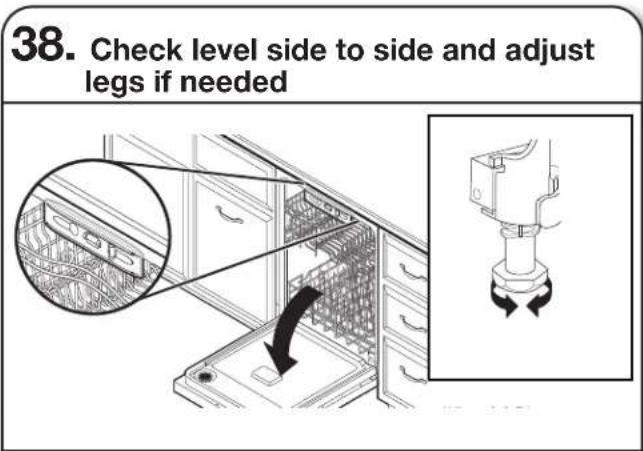 38. Check level side to side and adjust legs if needed