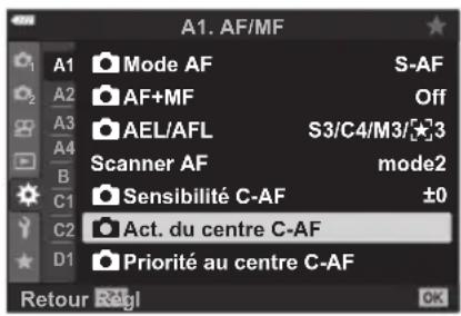 OLYMPUS OM5 - MENU → ⚙ → A1 → [act. du centre c-af] - 1