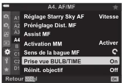 OLYMPUS OM5 - MENU → ⚙ → A4 → [prise vue bulb/time] - 1