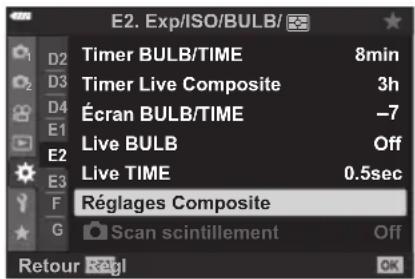 OLYMPUS OM5 - MENU → ⚙ → E2 → [réglages composite] - 1
