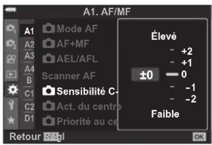 OLYMPUS OM5 - MENU → ⚙ → A1 → [sensibilité c-af] - 2
