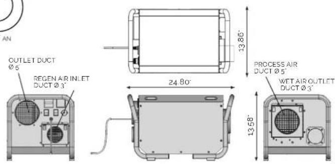 AN OUTLET DUCT Ø 5' REGEN AIR INLET DUCT Ø 3' 13.86" 24.80" PROCESS AIR DUCT Ø 5" WET AIR OUTLET DUCT Ø 3' 13.58"