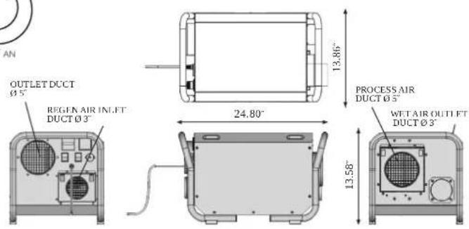 AN OUTLET DUCT Ø 5° REGEN AIR INLET DUCT Ø 3° 13.86" 24.80" PROCESS AIR DUCT Ø 5° WETAIR OUTLET DUCT Ø 3° 13.58"