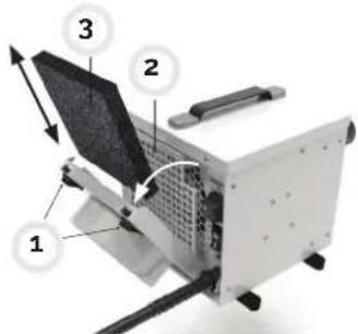 Technical diagram of a mechanical device with numbered components and directional arrows indicating motion or assembly.