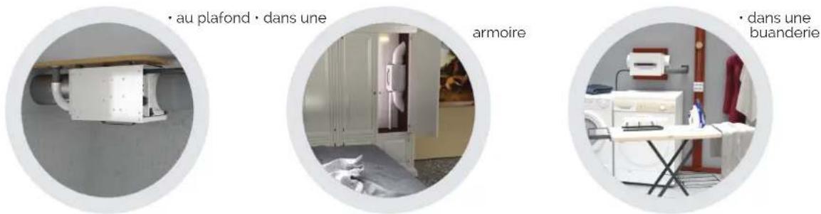 • au plafond • dans une armoire • dans une buanderie
