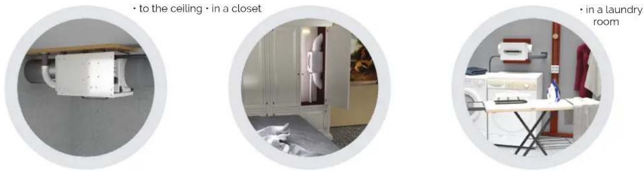 • to the ceiling • in a closet • in a laundry room