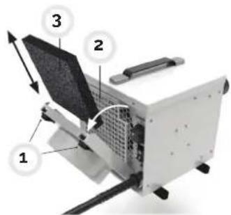 Technical diagram of a mechanical device with numbered components and directional arrows indicating motion or assembly.