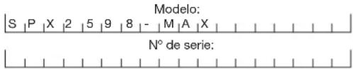 Modelo: S | P | X | 2 | 5 | 9 | 8 - | M | A | X | N° de serie: