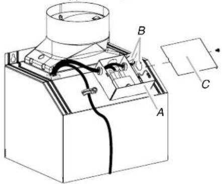 Technical diagram of a mechanical device with labeled components A, B, and C, showing internal wiring and a separate component.
