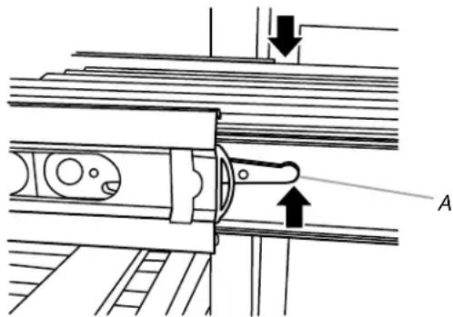 Technical diagram showing mechanical assembly with labeled component A and directional arrows
