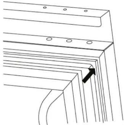 Technical line drawing of a structural panel with multiple beams and holes, showing a black arrow indicating a specific component (no text or symbols present)