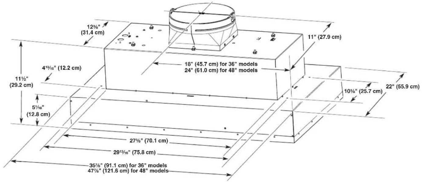 12½" (31.4 cm) 11" (27.9 cm) 4¹³/¹⁶" (12.2 cm) 18" (45.7 cm) for 36" models 24" (61.0 cm) for 48" models 10½" (25.7 cm) 22" (55.9 cm) 11½" (29.2 cm) 5½" (12.8 cm) 27½" (70.1 cm) 29½" (75.8 cm) 35½" (91.1 cm) for 36" models 47½" (121.6 cm) for 48" models