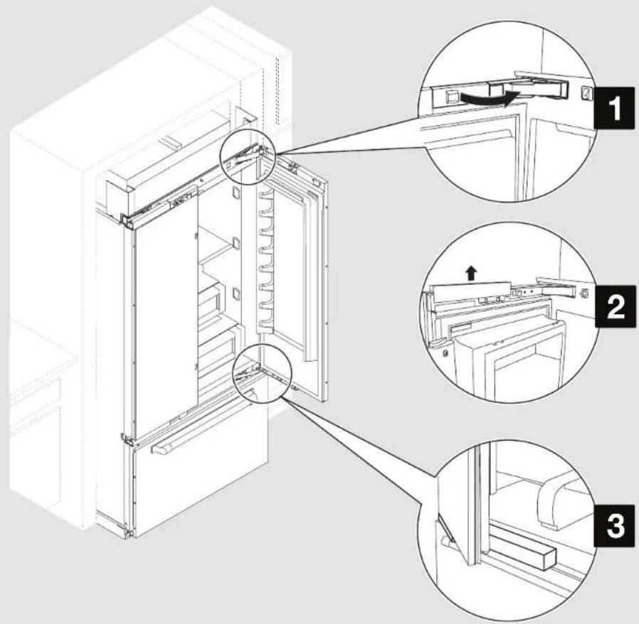 Technical diagram of a refrigerator interior with three views of the door and labeled components