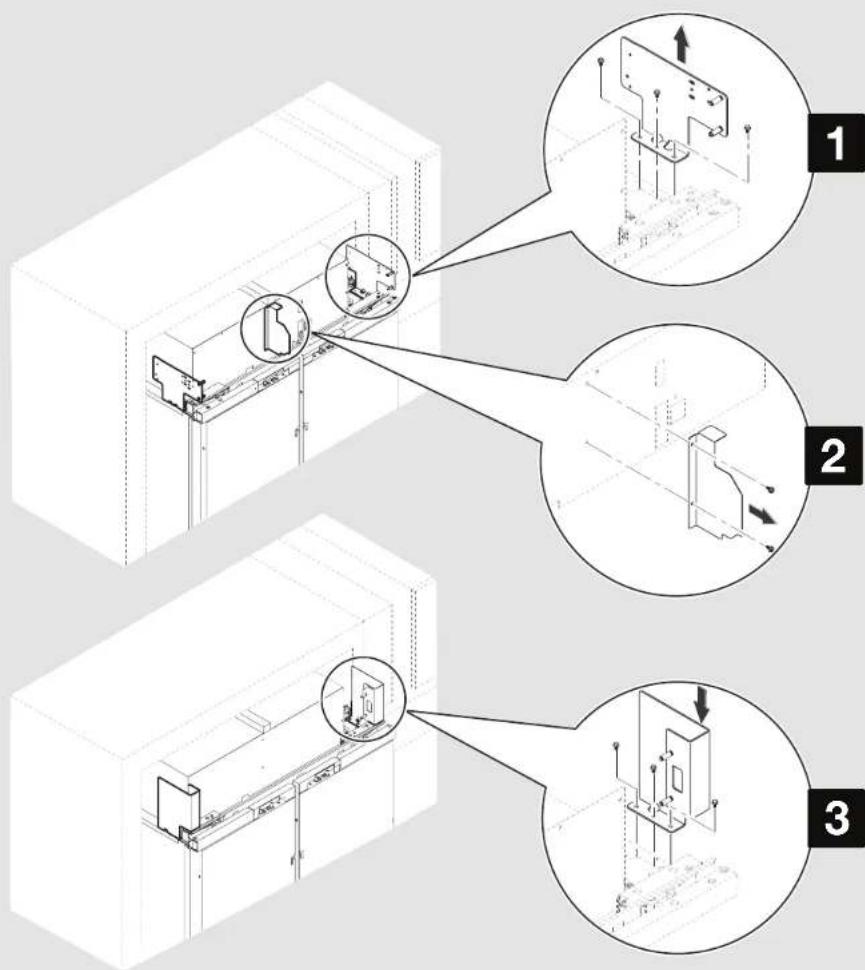 Technical diagram showing three-step installation of a mechanical or electrical component with labeled components and directional arrows.