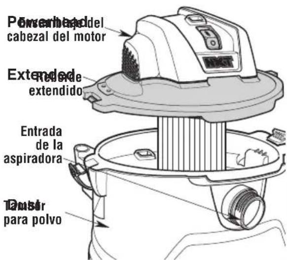 RIDGID RT1400 - Instalación del ensamblaje del cabezal del motor en el tambor para polvo - 1