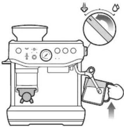 Diagram of a coffee maker with a hand tool and directional arrow indicating rotation or adjustment, showing control panel and product movement.