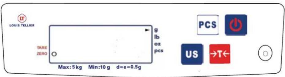 LT LOUIS TELLIER TARE ZERO Max: 5 kg Min:10 g d=e=0.5g g lb oz pcs PCS US →T←