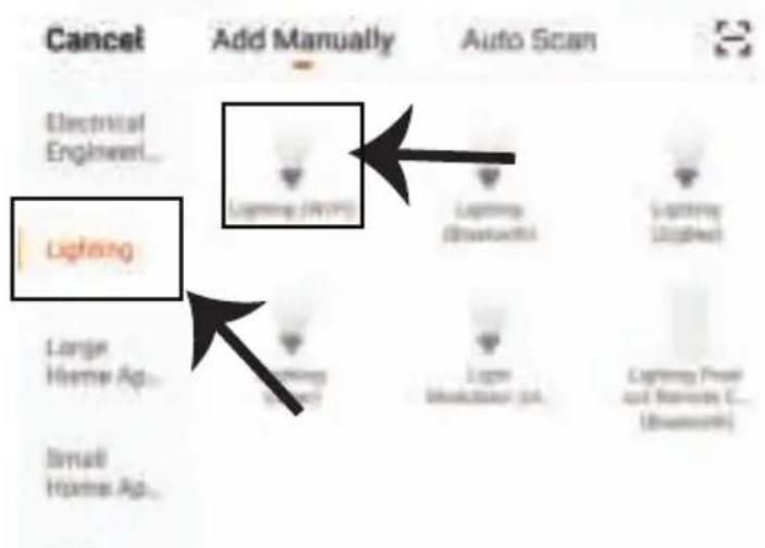 Cancel Electrical Engineer... Lighting Large Home Ap... Small Home Ap... Add Manually Lighting (AVTS) Lighting (Bluetooth) Lighting (Ligible) Lighting (Peak and Remote C... Bluetooth)