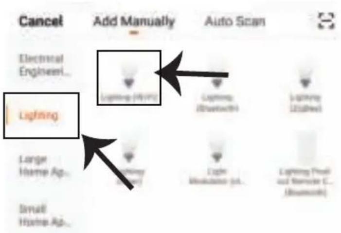 Cancel Electrical Engine... Lighting Large Home Ap... Small Home Ap... Add Manually Lighting (HIV) Lighting (Bluetooth) Lighting (Lithel) Lighting (Pout and Reversible C... (Bluetooth)