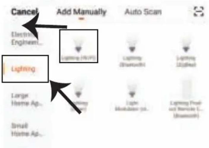 Cancel Add Manually Auto Scan Electric Engine... Lighting Large Home Ap... Small Home Ap... Lighting (WiFi) Lighting (Bluetooth) Lighting (USBnet) Lighting Product (Microday L... (Bluetooth)