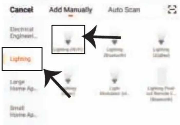 Cancel Electrical Engine... Lighting Add Manually Lighting (HVAC) Lighting (Bluetooth) Lighting (USBnet) Large Home Ap... Lighting (light) Light (Bluetooth) (pA... Lighting (Pout-and Remote U... (Bluetooth)