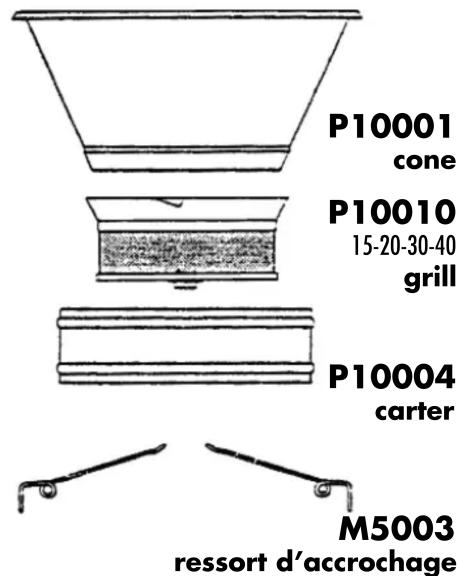 P10001 cone P10010 15-20-30-40 grill P10004 carter M5003 ressort d'accrochage