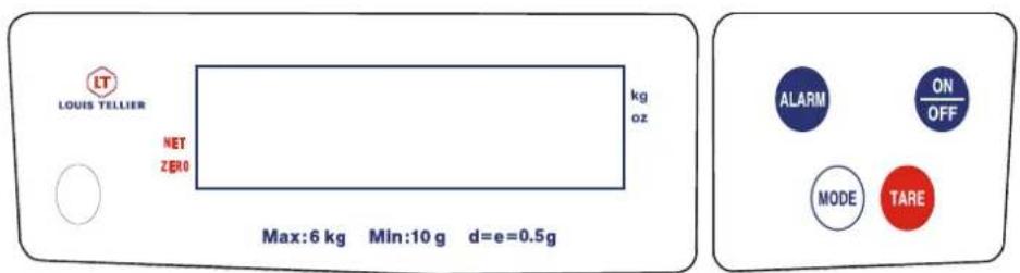 LT LOUIS TELLIER NET ZERO kg oz Max:6 kg Min:10 g d=e=0.5g ALARM ON OFF MODE TARE