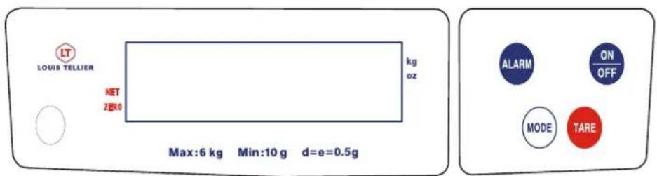 LT LOUIS TELLIER NET ZERO kg oz Max:6 kg Min:10 g d=e=0.5g ALARM ON OFF MODE TARE