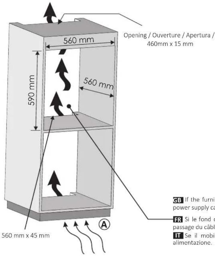 Opening / Ouverture / Apertura / 460mm x 15 mm 560 mm 590 mm 560 mm 560 mm x 45 mm GB If the furnit power supply ca FR Si le fond o passage du câble IT Se il mobil alimentazione.