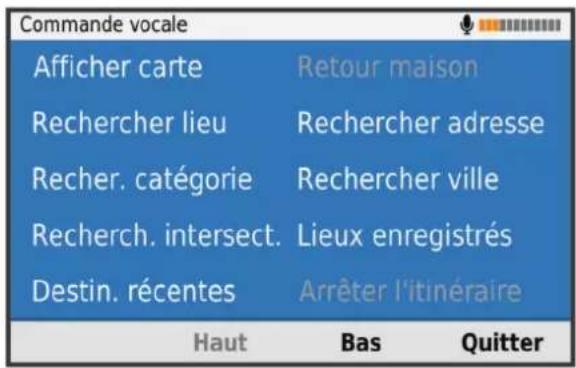 Commande vocale Afficher carte Retour maison Rechercher lieu Rechercher adresse Recher. catégorie Rechercher ville Recherch. intersect. Lieux enregistrés Destin. récentes Arrêter l'itinéraire Haut Bas Quitter