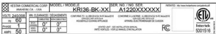 Hestan KRI36BK - RATING LABEL - 1