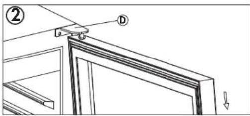 Technical diagram showing a door frame installation with labeled component D and directional arrow