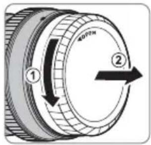 Diagram of a mechanical component with labeled parts and directional arrows indicating rotation or movement.
