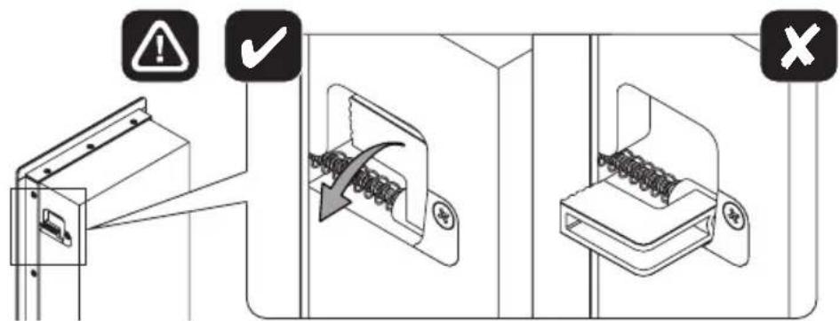 Technical diagram showing three installation steps with warning symbols and a magnified view of the internal component.