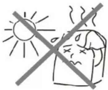 Safety warning sign showing sun and a person with fever, crossed out by a diagonal line