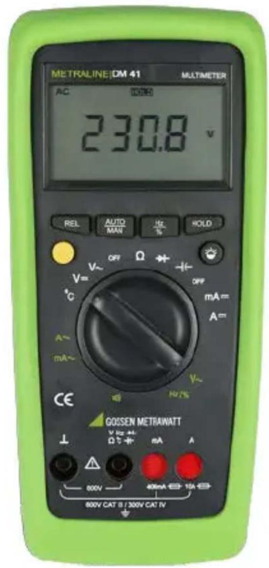 METRALINE DM 41 MULTIMETER AC 230.8 V REL AUTO H/O HOLD AUTO MAN MAN OFF Ω + V~ °C A~ mA~ CE GOSEN METRAWATT V Hz Ω C mA A 800V 400mA 15A 800V CAT B : 300V CAT IV