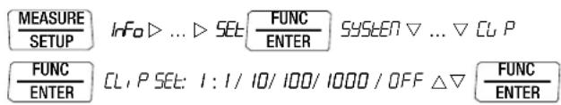 MEASURE SETUP Info ▷ ... ▷ SET □ FUNC ENTER SYSTEM ▽ ... ▽ CL P FUNC ENTER CL, P SET: 1 : 1 / 10 / 100 / 1000 / OFF △ ▽ □ FUNC ENTER
