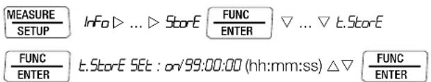 MEASURE SETUP Info ▷ ... ▷ Store E FUNC ENTER ▽ ... ▷ t. Store E FUNC ENTER t. Store E SET : on/99:00:00 (hh:mm:ss) △▽ FUNC ENTER