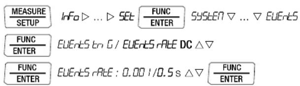 MEASURE SETUP Info ▷ ... ▷ SET □ FUNC ENTER SYSTEM ▽ ... ▽ EVENTS FUNC ENTER EVENTS to G / EVENTS RATE DC △▽ FUNC ENTER EVENTS RATE : 0.00 I/O.S s △▽ □ FUNC ENTER