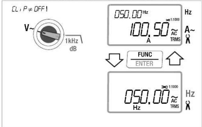CL, P ≠ OFF! V~ 1kHz dB 050.00 Hz 100.50 A ×1:1000 AC TRMS Hz A~ ↓ FUNC ENTER 050.00 Hz ×1:1000 AC TRMS Hz