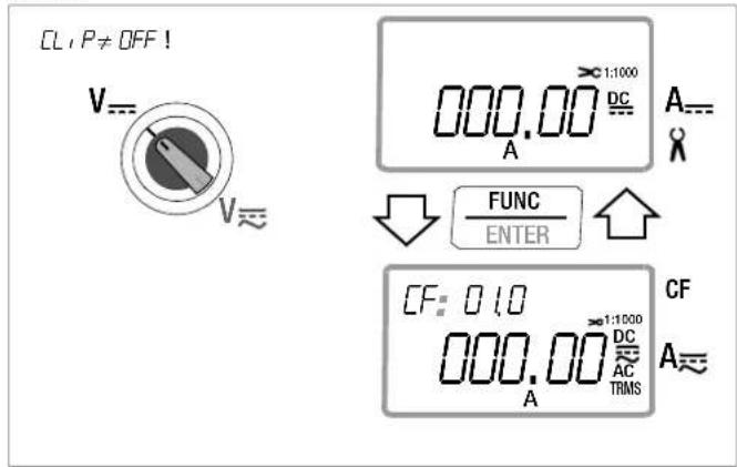 CL, P ≠ OFF! V=--- V≈ 000.00 A 1:1000 DC A= ↓ FUNC ENTER CF 0 1.0 000.00 A 1:1000 DC AC TRMS CF A≈