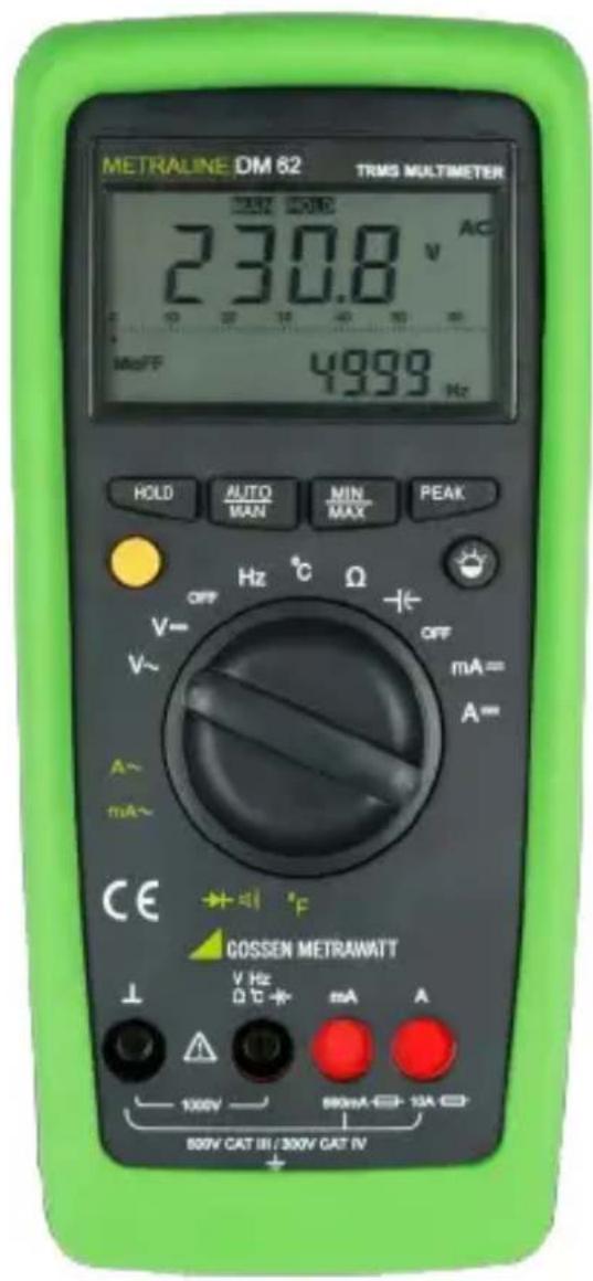 METRALINE DM 62 TRMS MULTIMETER 230.8 V AC MnOFF 4999 Hz HOLD AUTO MIN PEAK MAN MAX OFF Hz °C Ω V- V~ A~ mA~ CE →→→ °F COSSEN METRAWATT V Hz Ω C + mA A 1000V 500mA-CH 10A CH 500V CAT IN / 300V CAT IN