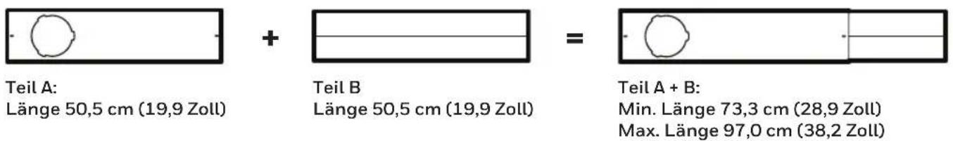 Teil A: Länge 50,5 cm (19,9 Zoll) + Teil B Länge 50,5 cm (19,9 Zoll) = Teil A + B: Min. Länge 73,3 cm (28,9 Zoll) Max. Länge 97,0 cm (38,2 Zoll)