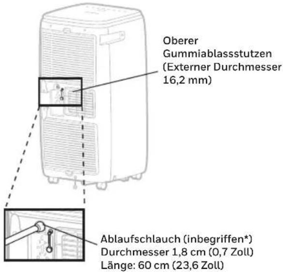 Oberer Gummiablassstutzen (Externer Durchmesser 16,2 mm) Ablaufschlauch (inbegriffen*) Durchmesser 1,8 cm (0,7 Zoll) Länge: 60 cm (23,6 Zoll)