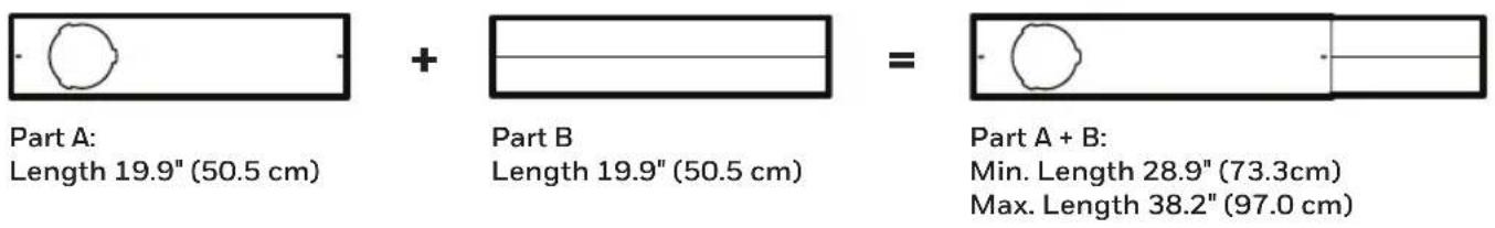 Part A: Length 19.9" (50.5 cm) + Part B Length 19.9" (50.5 cm) = Part A + B: Min. Length 28.9" (73.3cm) Max. Length 38.2" (97.0 cm)