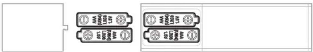 Diagram showing two battery terminal blocks with labeled pins and charging symbols, likely representing a power or current meter setup.