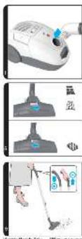 Illustration showing a vacuum cleaner's cleaning process with labeled steps and tool icons