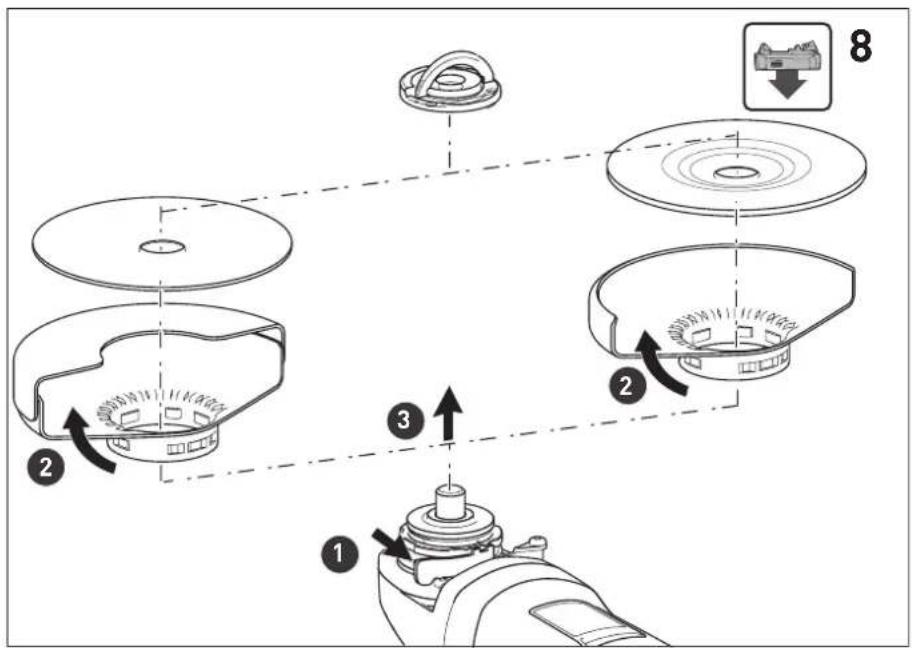 Technical diagram illustrating the step-by-step assembly of a cleaning or cleaning device, labeled with numbered components and directional arrows.