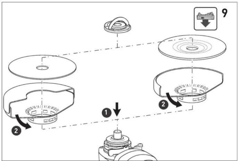 Technical diagram illustrating a mechanical assembly with labeled steps and components, including a gear and fan assembly.